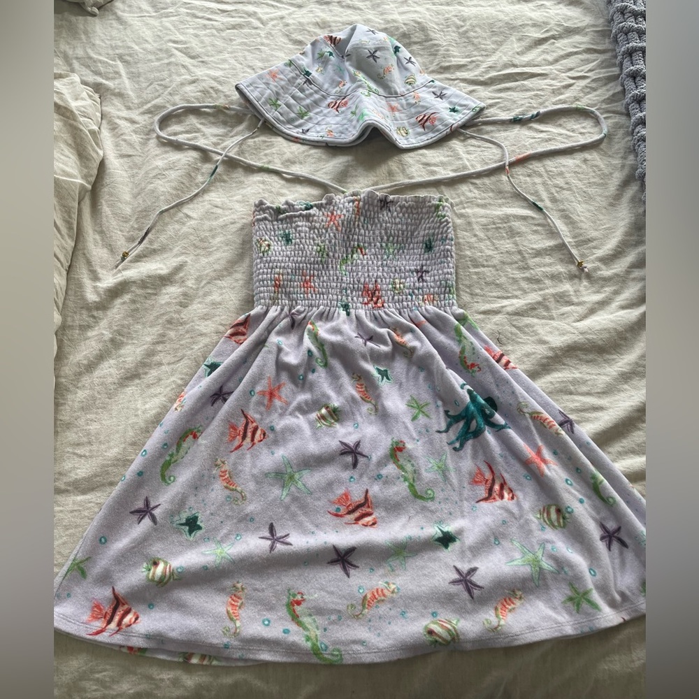 Lilac sea creatures hill house mini dress and sun hat